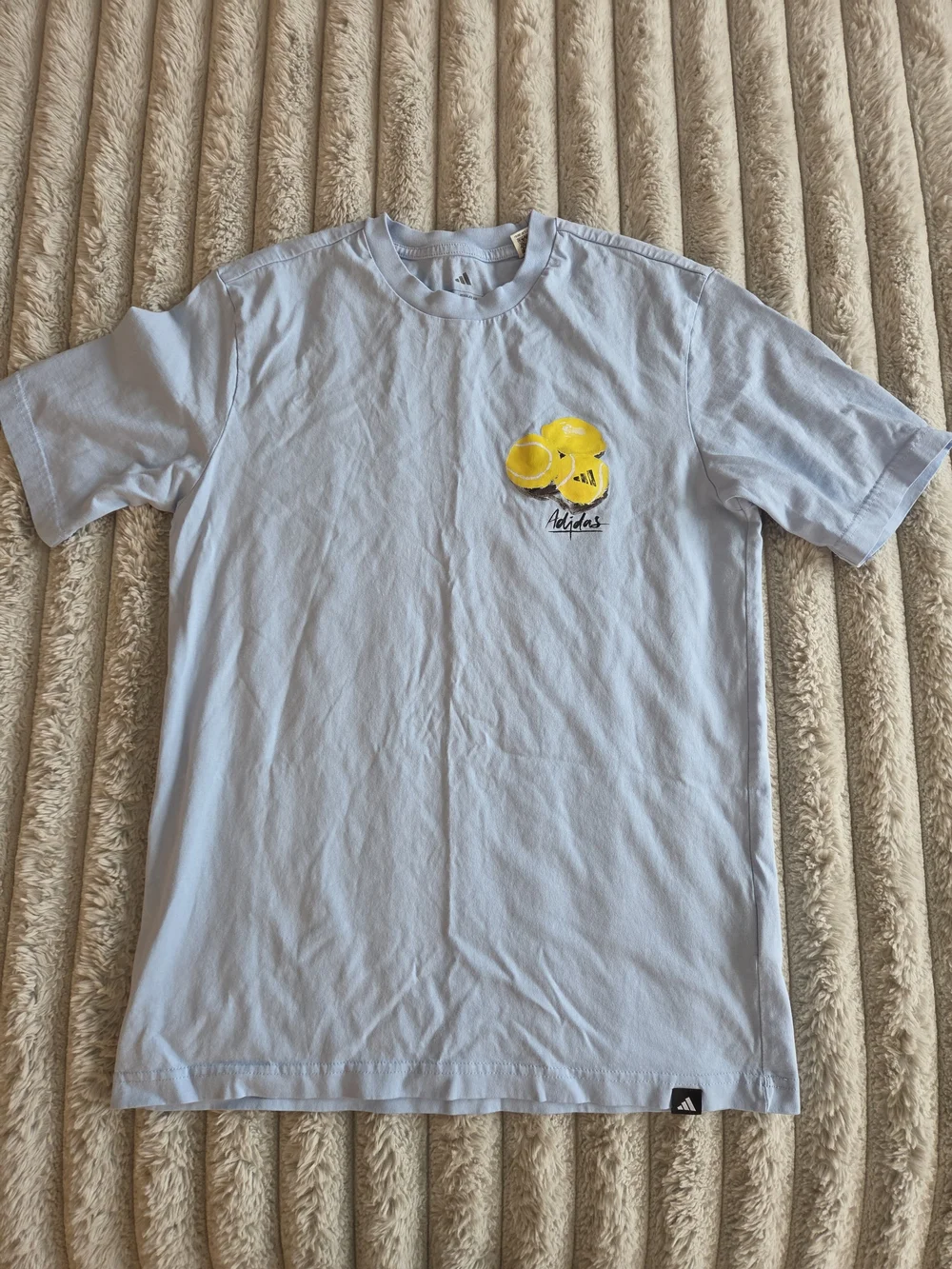 Adidas Light Blue Tee with Yellow Tennis Ball Graphic Mens Size Small